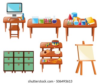 Different school objects on table illustration