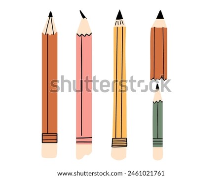 Different school pencil. Pencil with Rubber eraser. Vector illustration 