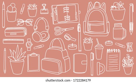 Different school stuff, tools for studying, pens, notebooks, bags and home plants. Vector cute doodle illustration isolated on beige background. Home education concept. Objects for studing. 