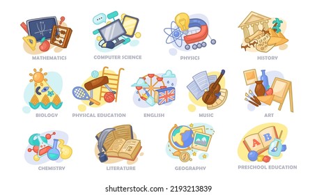 Different school subjects vector illustrations set. Colorful cartoon drawings of books, preschool or school classes elements for children isolated on white background. Education, school concept