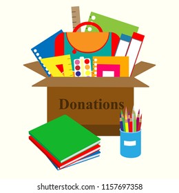 Different School Supplies In A Cardboard Box.  Concept School Donations. Vector Illustration