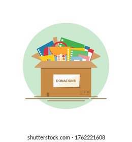 Different School Supplies In A Cardboard Box.  Concept School Donations. Vector Illustration