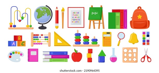 Different school supplies for children vector illustrations set. Cartoon drawings of stationery for class, puzzles for babies isolated on white background. Education, childhood concept