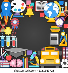 Different school supplies on black chalkboard background. Decoration elements for Back to school holiday. Cut out paper style vector illustrtation