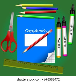 Different school supplies on a green background such as a blue copybook, a red pencil, three black markers, four color pencils, red scissors and a yellow ruler.