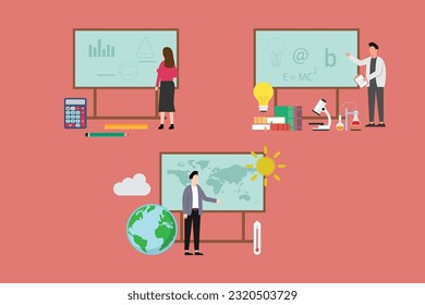 Diferentes profesores de escuela en aulas 2d concepto de ilustración vectorial para banner, sitio web, ilustración, página de inicio, volante, etc.