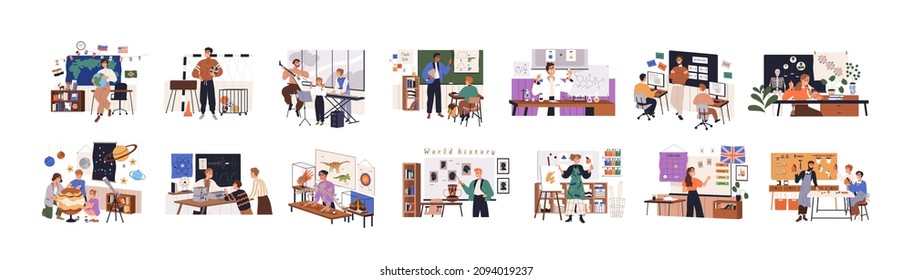 Different school teachers in classrooms set. Men and women at blackboards in class room, teaching lessons, Math, Chemistry, English, Arts and Craft. Flat graphic vector illustrations isolated on white
