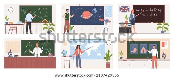 Different\
school teachers. Professional lecturers characters, physicist and\
biologist, geographer and astronomer teach lessons, mathematics and\
languages nowaday vector cartoon flat\
set