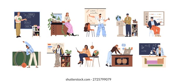 Diferentes professores e disciplinas escolares definidas. Professores explicam aos alunos várias classes. Palestras de educação em sala de aula com quadro-negro, quadro-branco. Ilustrações isoladas planas de vetor em branco