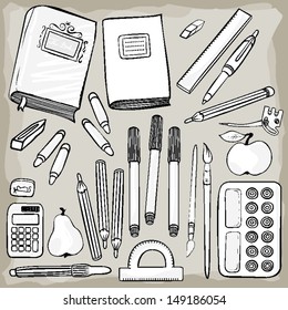 different school tools monochrome white gray set isolated elements on light background