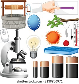 Different science equipments on white background illustration