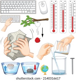 Diferentes equipos científicos en ilustraciones de fondo blanco