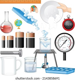 Different science equipments on white background illustration