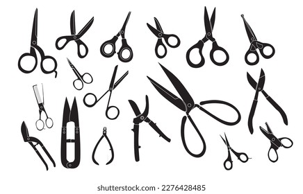 Different scissor vector illustration in silhouette style. Scissor vector set icon in black. Open, closed cutting or nippers collection.