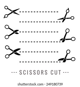 Different scissors cut on the dotted line (black) vector set.