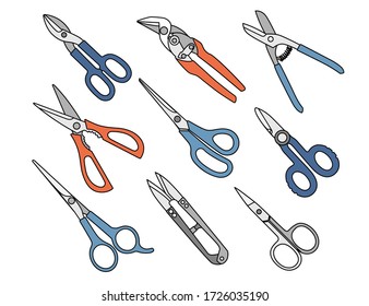 Different scissors models collection tools for gardening medical barber or tailor flat vector illustration isolated on white background