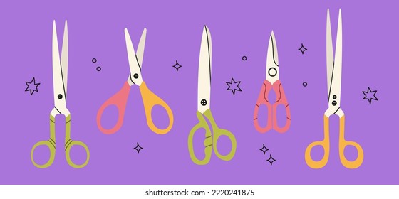 Diferentes tijeras modelos de iconos vectoriales establecidos aislados en el fondo púrpura. Herramientas de corte de mano herramientas de equipo de cortadoras de pelo para estilista de pelo, jardinería, medicina