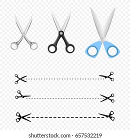 Different scissors set collectoin and scissor cutting line silhouette on transparent background