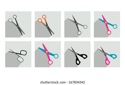 Different scissors set flat shadow icon.