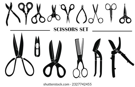Different scissors types vector illustration in silhouette style. Black Scissor vector set icon on white background. Open, closed cutting scissors or nippers collection.