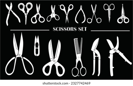 Different scissors types vector illustration in silhouette style. White scissor vector set icon in black background. Open, closed cutting scissors or nippers collection.