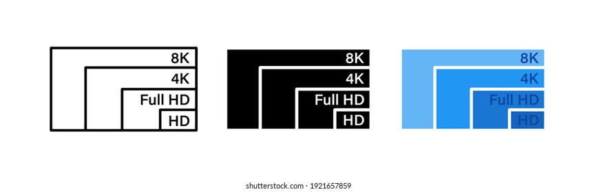 Different screen resolution icons set. Screen resolution comperison hd, ultra hd, 4k, 8k. Video quality symbol HD, Full HD,4K, 8K. Video broadcast. High resolution. High quality video, picture. EPS 10