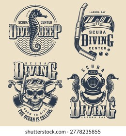 Different scuba diving designs are shown on a light background. The designs feature a skull seahorses and diving gear. These symbols represent the diving culture and ocean exploration.