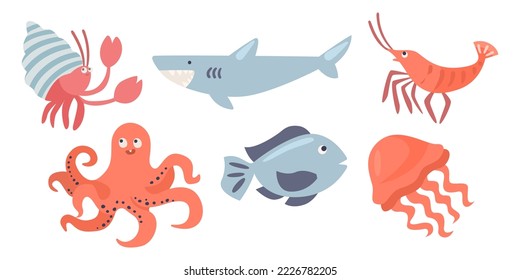 Different sea animal cartoon characters vector illustrations set. Comic shark, shrimp, octopus, fish, jellyfish, hermit crab isolated on white background. Wildlife, marine life concept