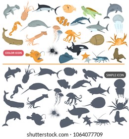 Different Sea Animals Color Flat And Simple Icons Set