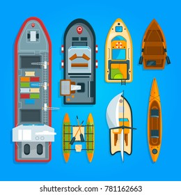 Different Sea Boats And Ships. Vector Illustrations Top View. Ship And Boat, Water Transport Vessel And Yacht