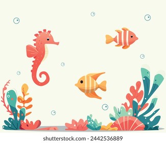 Different sea fish and sea Horse in the water with seaweed. Aquarium fish. Flat style. Vector illustration