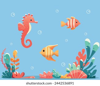 Different sea fish and sea Horse in the water with seaweed. Aquarium fish. Flat style. Vector illustration