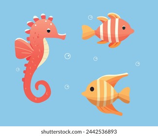 Different sea fish and sea Horse in the water with seaweed. Aquarium fish. Flat style. Vector illustration