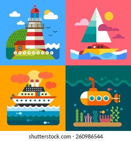 Different sea landscapes: lighthouse, island, ships and underwater world. Vector flat  illustrations