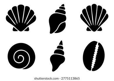 Different sea shells silhouette icons set simple design. Vector stock illustration.