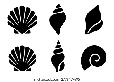 Different sea shells silhouette icons set simple design. Vector stock illustration.