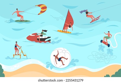 Different sea sports. People relaxing on beach. Summertime active leisure. Summer water or underwater entertainment. Seashore holiday. Extreme windsurfing or flyboarding