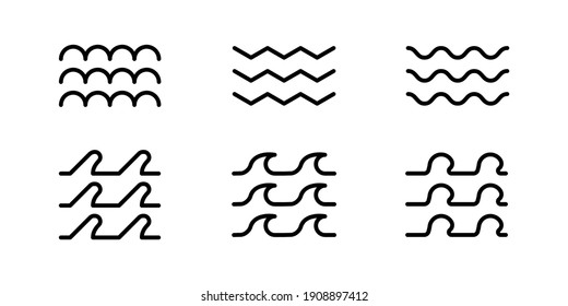 Different sea waves with the same line thickness. Logo design, websites and designs. Sea wave consists of factors such as wind. 6-piece set of modern sea icons.