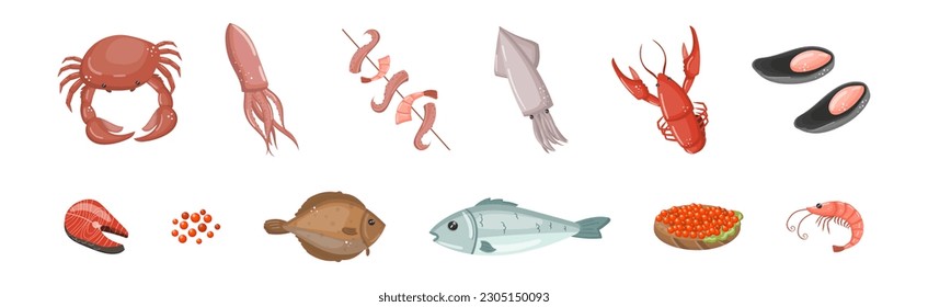 Different Seafood with Crab, Squid, Lobster, Oyster, Salmon and Shrimp Vector Set