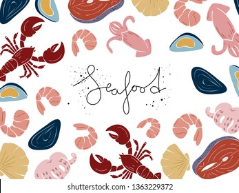 Different seafood products, vector cartoon flat style
