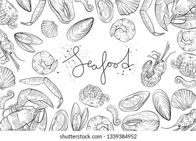 Different seafood products, vector engraving style
