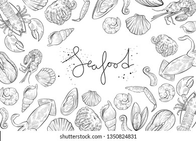 Different seafood products, vector engraving style