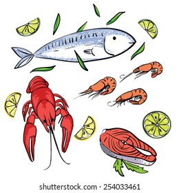 Different seafood. Vector sketch design 
