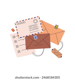 Different sealed paper letters. Air mail and craft envelopes with postage stamps for postcrossing. Packed postcards, postal correspondence. Flat isolated vector illustration on white background