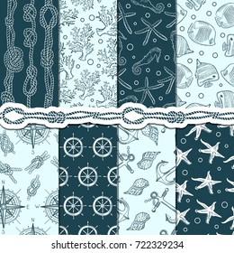 Different seamless patterns set of marine and nautical elements. Vector stripes, anchors and ropes. Sea and marine pattern background, anchor and rope illustration