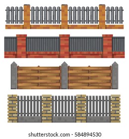 Different seamless wooden and brick fences designes on white background. Element for your design. Modern flat style. Isolated vector illustration.