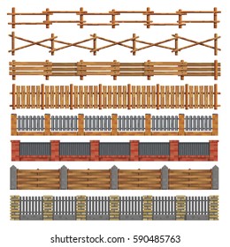 Different seamless wooden and brick fences designes on white background. Boundary for farm or country house. Modern flat style. Isolated vector illustration.