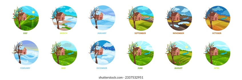 Different Season Months with Nature Landscape Vector Set