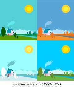 Different season. Set of background images. Summer, autumn, winter, spring. A small house on the Bank of the river from the pipe goes smoke and behind you can see the far bank with clouds. 