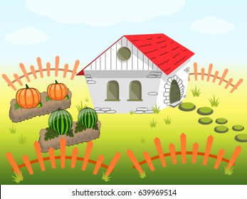 Different seasons. Autumn. Educational card for kids. Awesome house cartoon. Farm fairy tale lodge. Rural house. Vector. Isometric city.